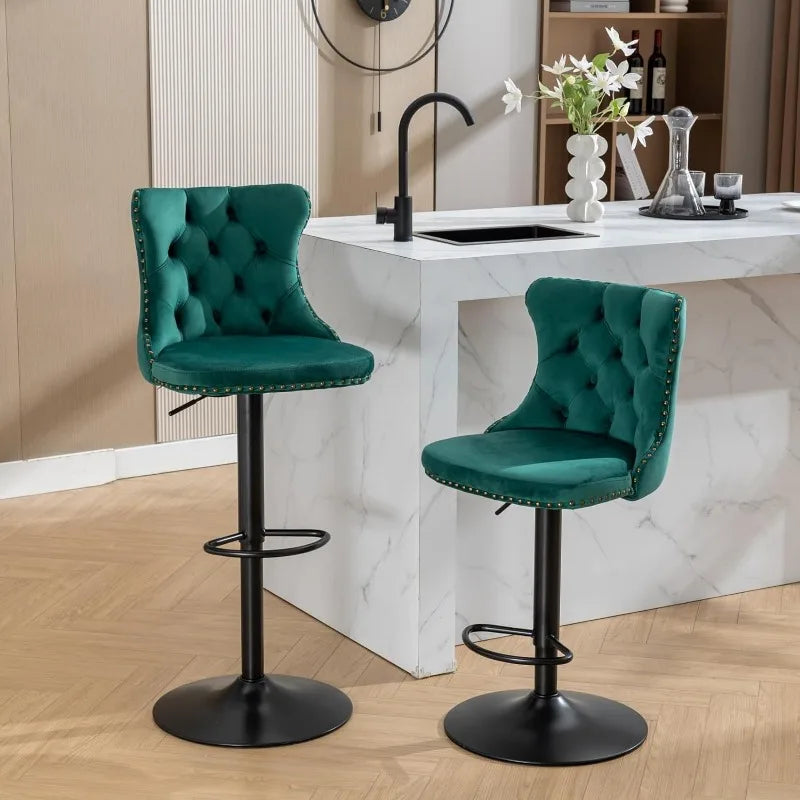 Swivel Bar Stools Set of 2, Adjustable Counter Height Barstools with Nailheads Trim, Button Tufted Back and Silver Footrest,