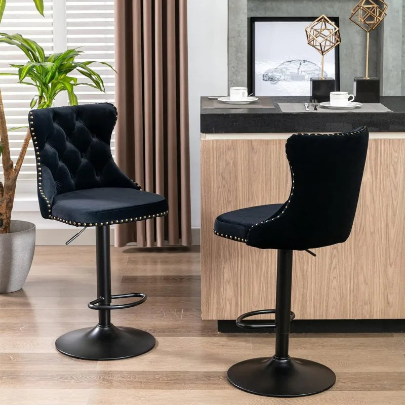 Swivel Bar Stools Set of 2, Adjustable Counter Height Barstools with Nailheads Trim, Button Tufted Back and Silver Footrest,