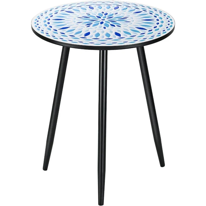 Round Side End Table, 16" Unique Relief Ceramic Tile Table Top with Metal Structure, Small Accent Coffee Tables