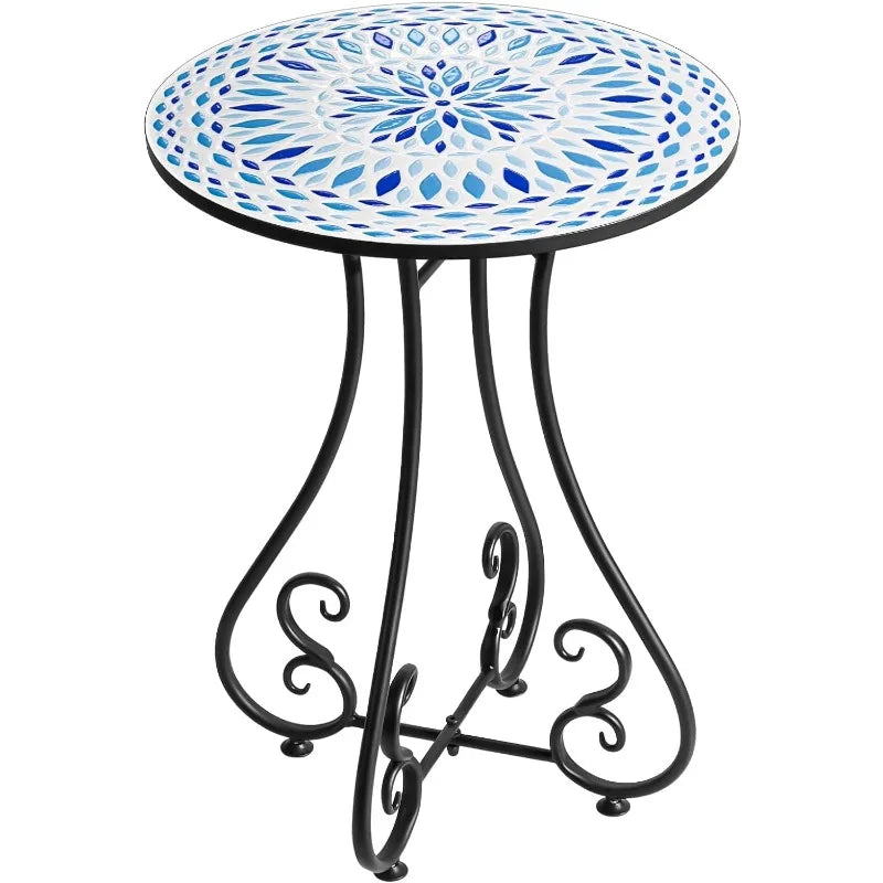 Round Side End Table, 16" Unique Relief Ceramic Tile Table Top with Metal Structure, Small Accent Coffee Tables