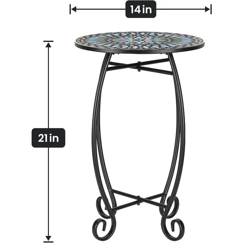 Round Side End Table, 16" Unique Relief Ceramic Tile Table Top with Metal Structure, Small Accent Coffee Tables