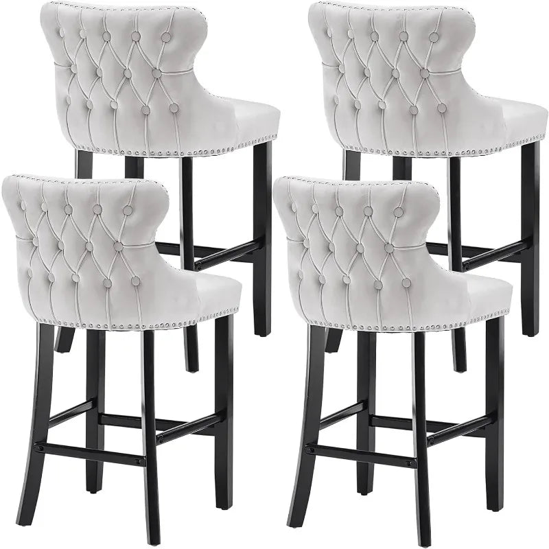 Bar Stools Set of 4 Counter Height, Velvet Upholstered Barstools with Solid Wood Legs, Button Tufted and Nailheads Trim