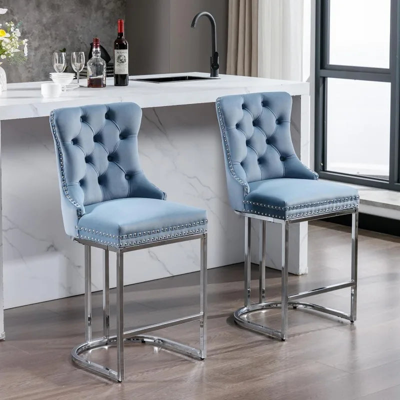 Bar Stools Set of 4 Counter Height, Velvet Upholstered Barstools with Solid Wood Legs, Button Tufted and Nailheads Trim