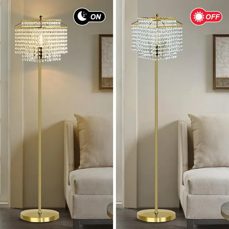 Crystal Floor Lamp, Double-Layer Lampshade, On/Off Foot Switch