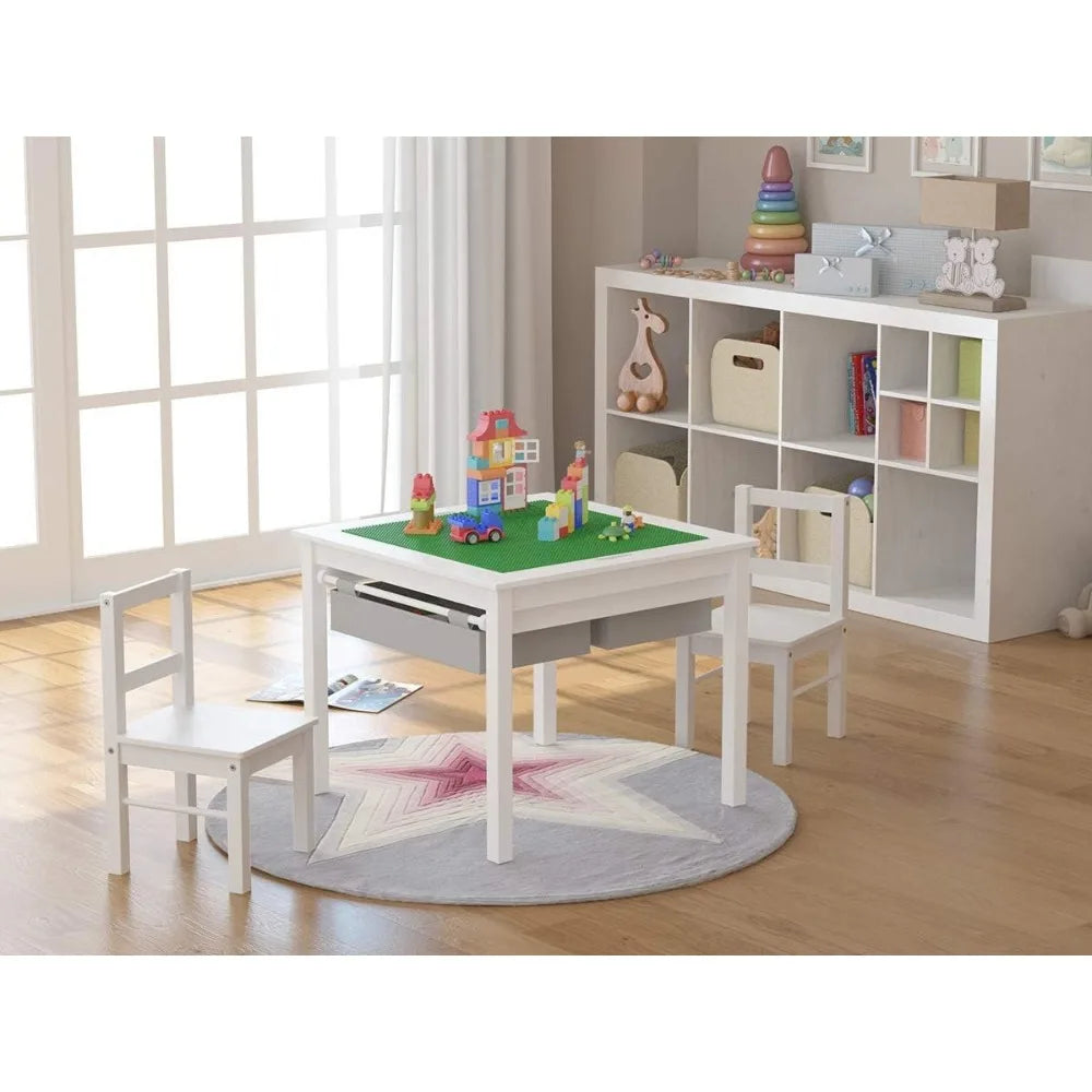 Wooden 2 in 1 Kids Construction Play Table; 2 Chair Set with Storage Drawers; and Built in Plate Compatible with Lego Table