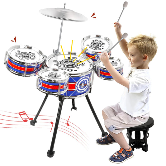 Toy Drum Sets for Children /Beginners Jazz Drum Set with Stool &  5 Drums Musical Instruments Toys for Boys Girls Gifts