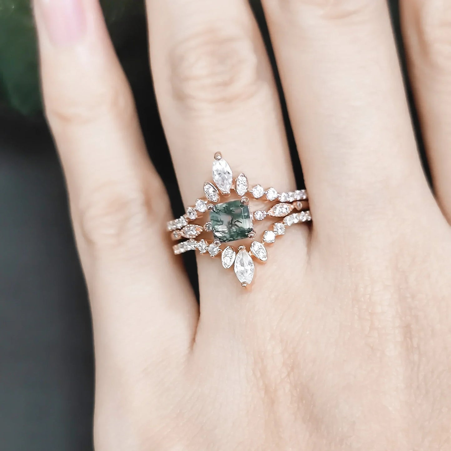 Moss Agate Plating with Rose Gold Ring Set 925 Sterling Silver for Women /Promise, Bridal