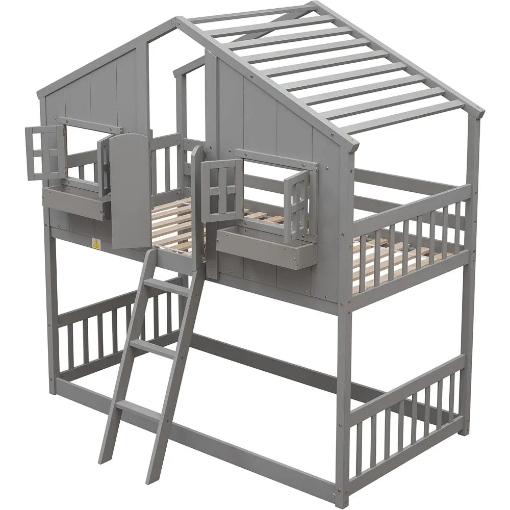 Twin House Bunk Bed, Wood Floor Bunk Bed Frame with Roof, Window, Window Box & Door