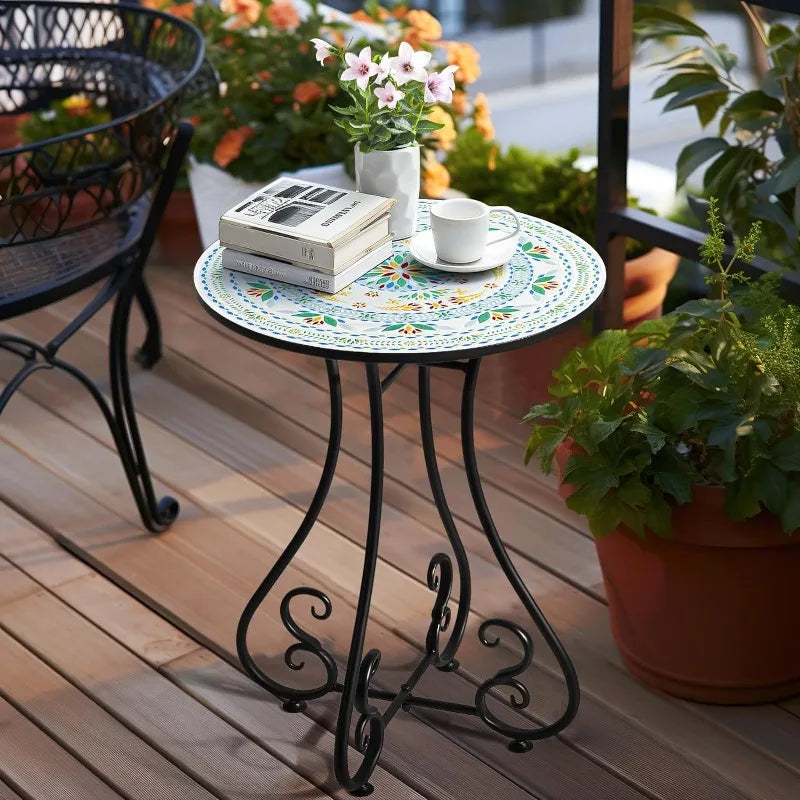 Round Side End Table, 16" Unique Relief Ceramic Tile Table Top with Metal Structure, Small Accent Coffee Tables