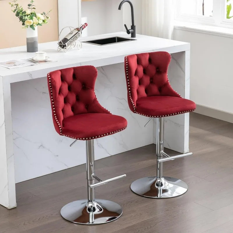 Swivel Bar Stools Set of 2, Adjustable Counter Height Barstools with Nailheads Trim, Button Tufted Back and Silver Footrest,