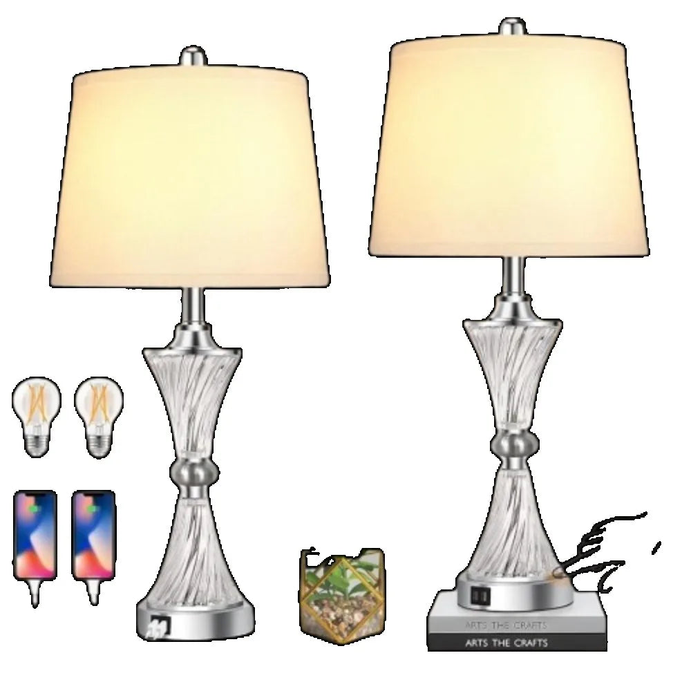 Set of 2 Touch Control Crystal Table Lamps, White Shades, 2 Bulbs Included