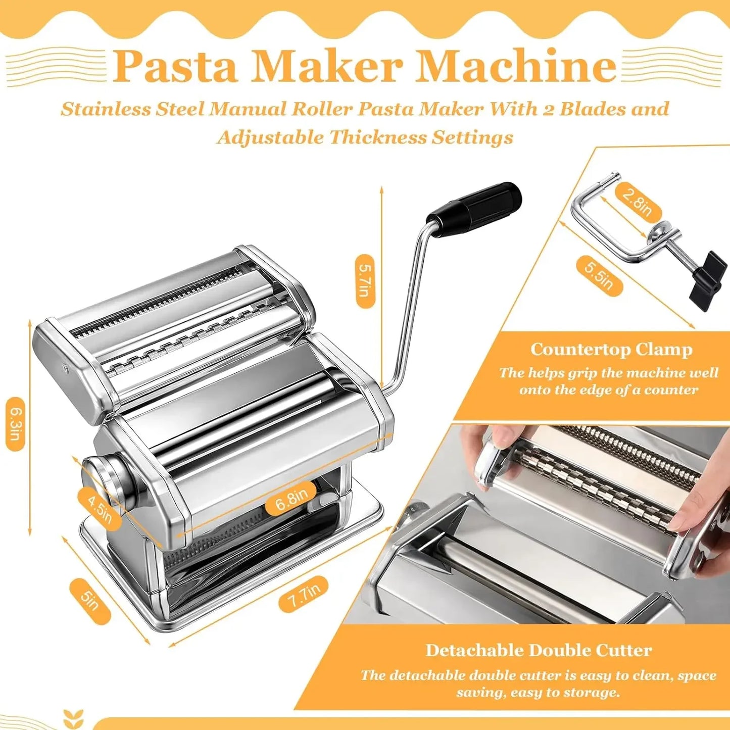 8 Pcs Pasta Maker Machine Set Including Stainless Steel Noodle Maker, Wood Pasta Drying Rack and Ravioli Stamp.