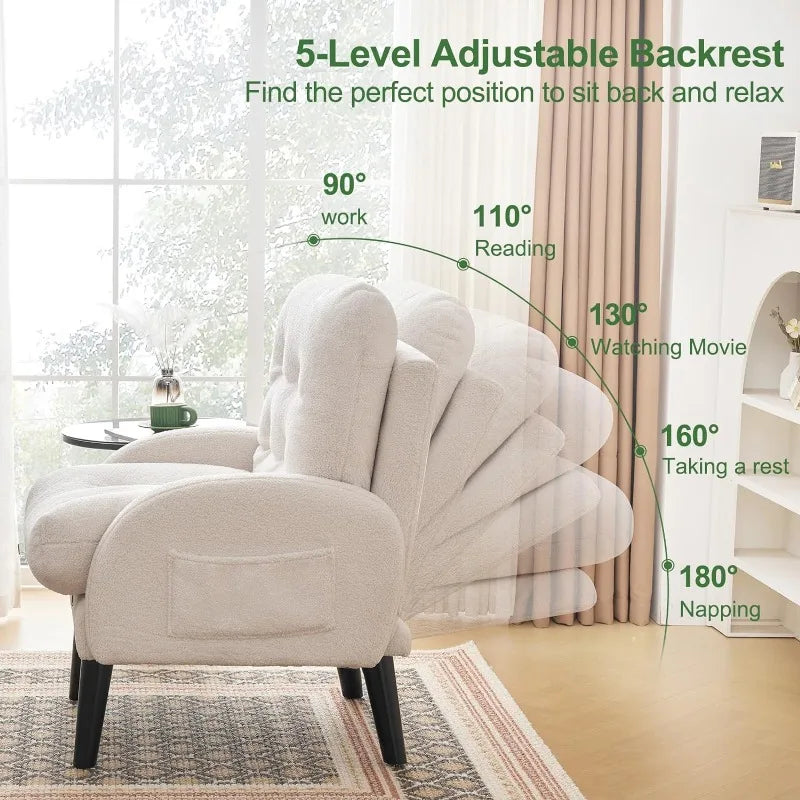 Accent Chair with Storage Ottoman,  Comfy Teddy Fabric  Adjustable Backrest & Side Pocket