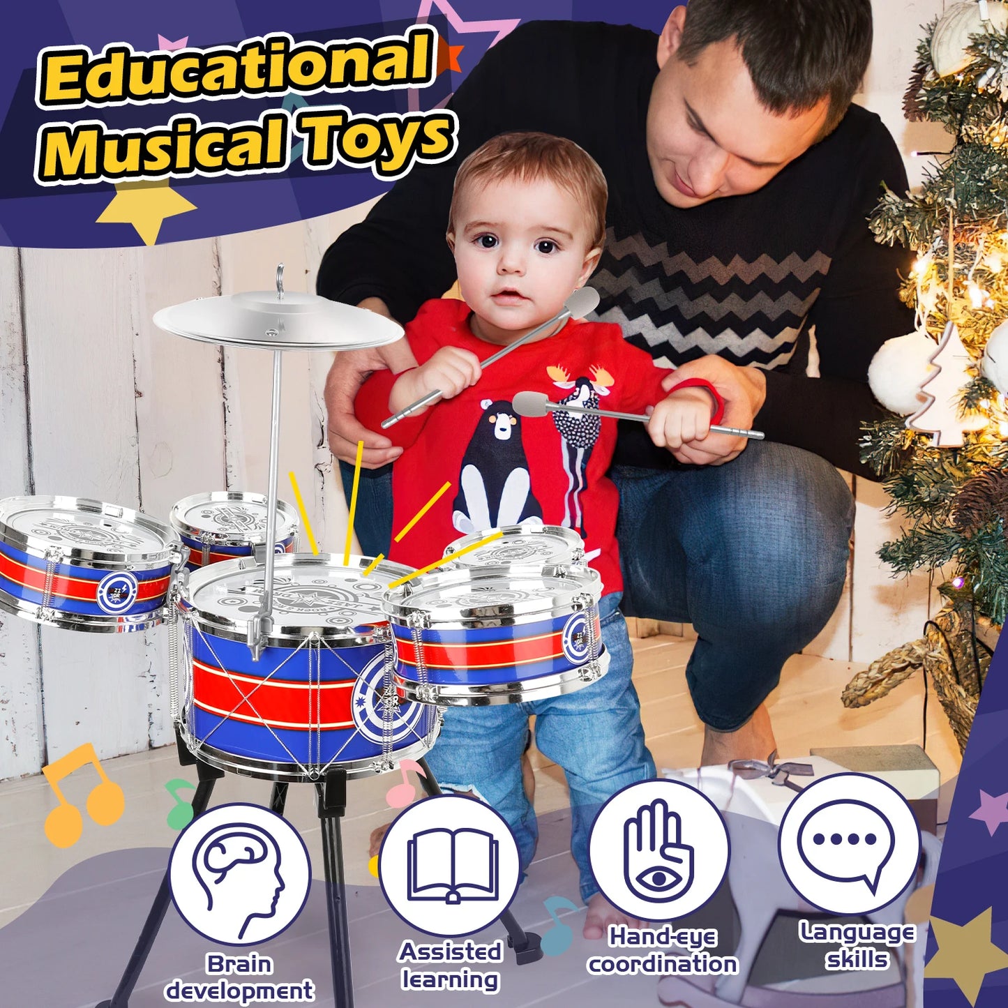 Toy Drum Sets for Children /Beginners Jazz Drum Set with Stool &  5 Drums Musical Instruments Toys for Boys Girls Gifts