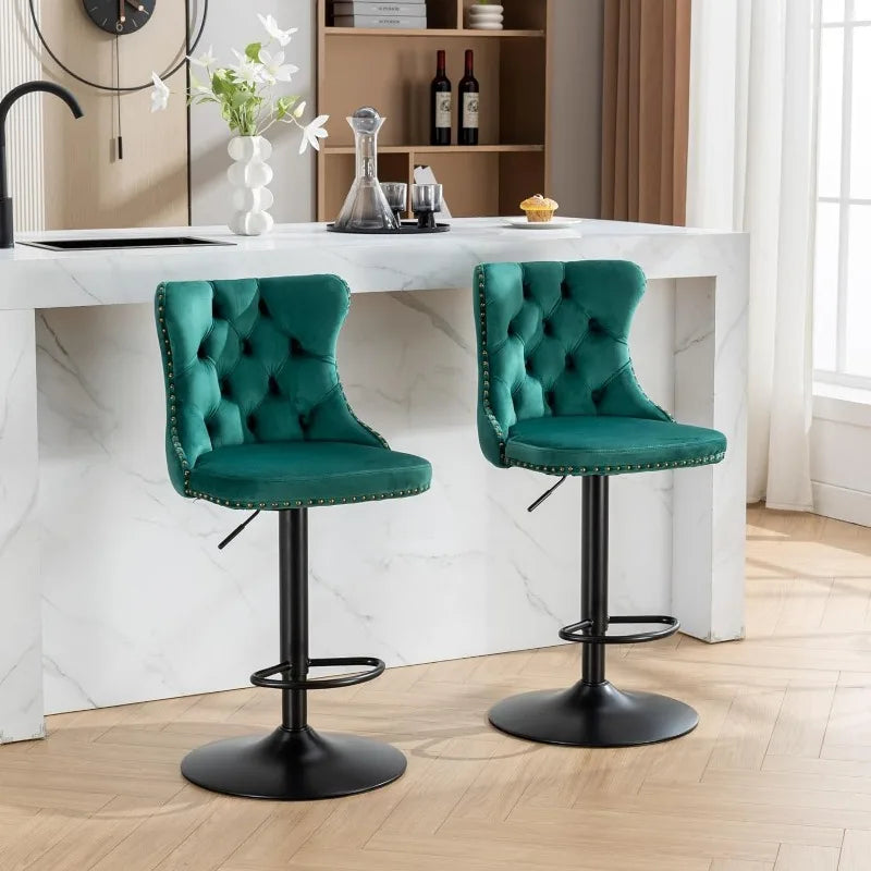 Swivel Bar Stools Set of 2, Adjustable Counter Height Barstools with Nailheads Trim, Button Tufted Back and Silver Footrest,