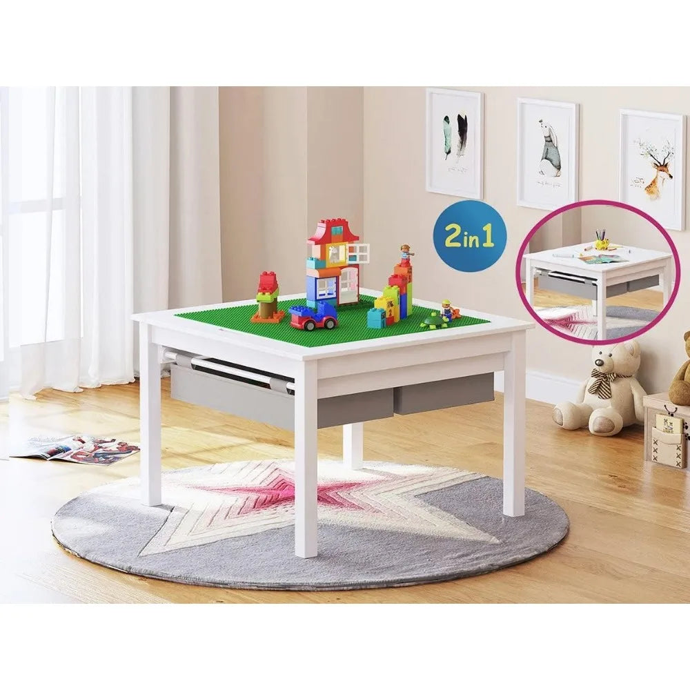 Wooden 2 in 1 Kids Construction Play Table; 2 Chair Set with Storage Drawers; and Built in Plate Compatible with Lego Table