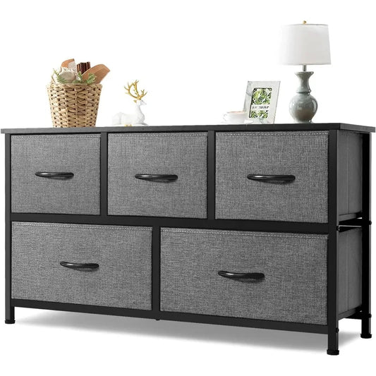 Extra Wide Dresser with Sturdy Steel Frame, 5 Drawers of Easy-Pull Fabric Bins, Organizer Unit for Bedroom