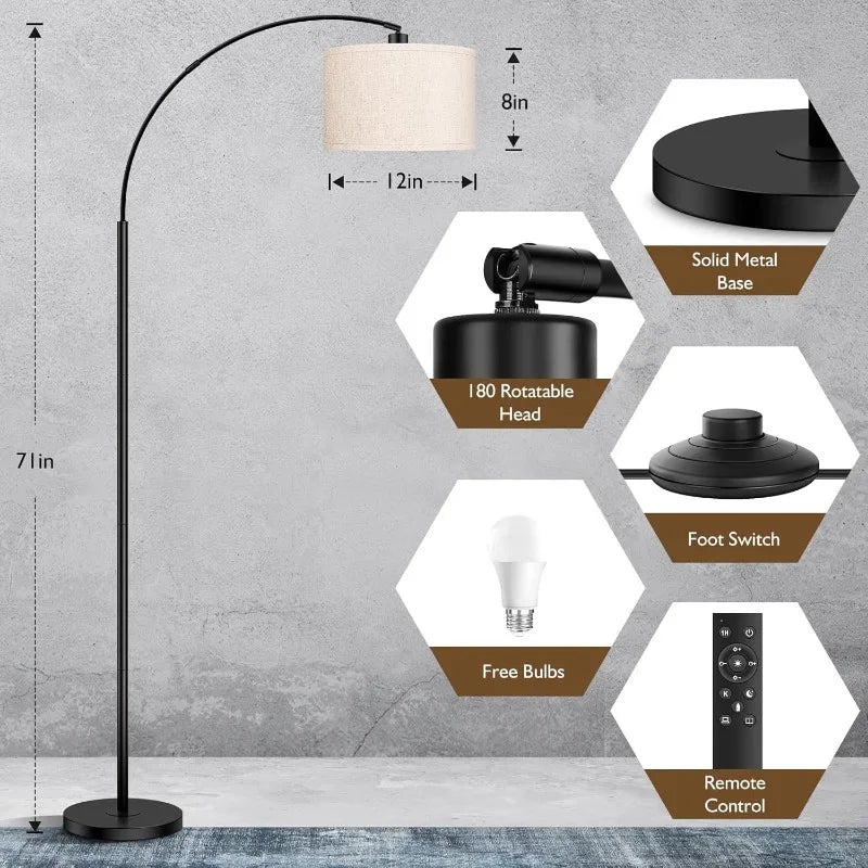 Arc Floor Lamp Remote Control Dimmable, tall Lamp with  Drum Shade