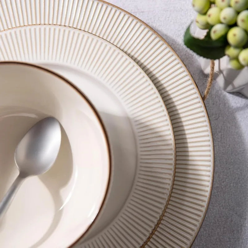 Ceramic Dinnerware Set; Embossed Elegant Stoneware Plates and Bowls