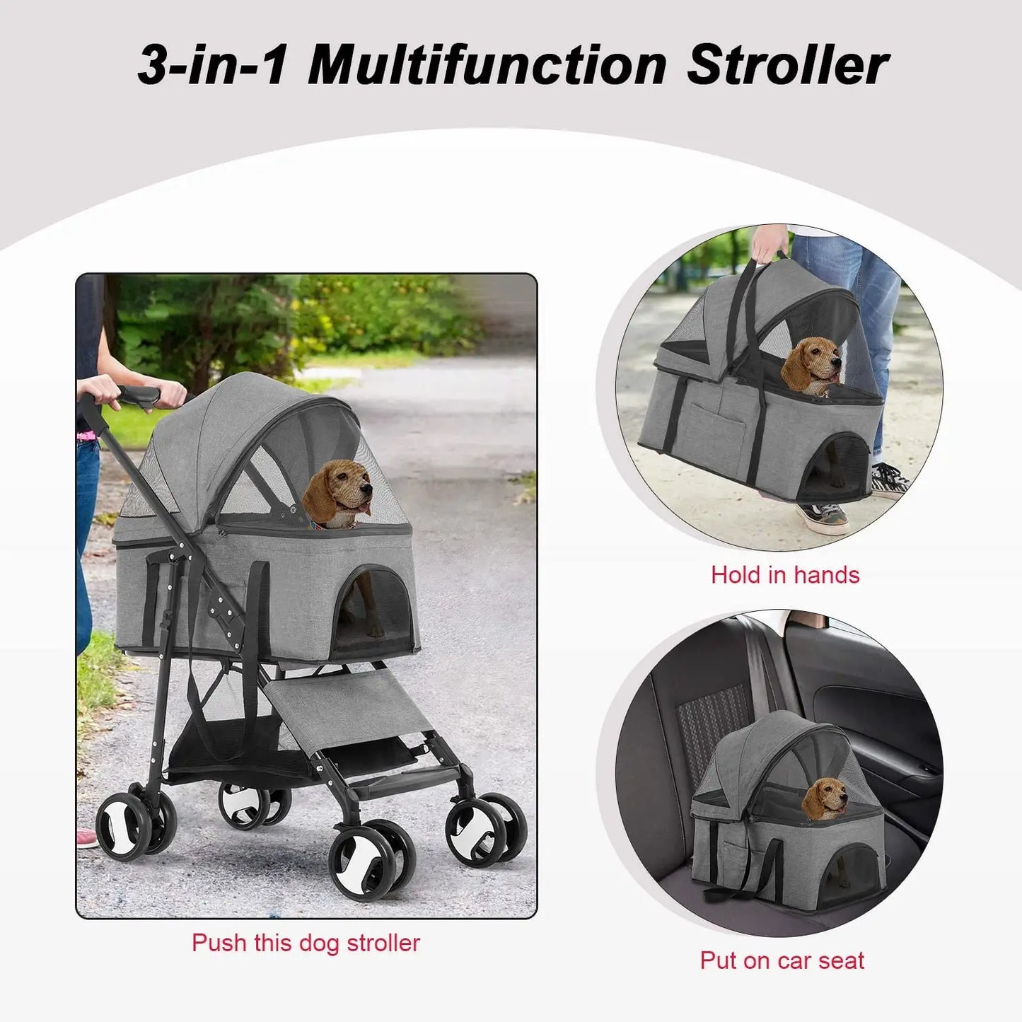 Premium 3-in-1 Multifunction Dog Cat Jogger Stroller for Medium Small Dogs Cats Folding Lightweight Travel