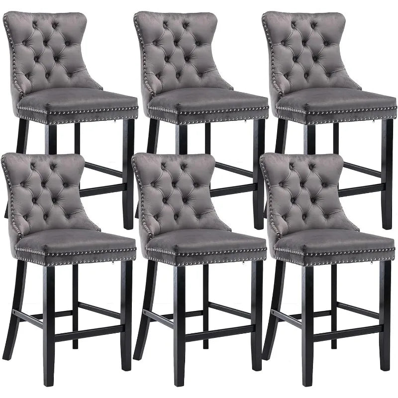 Bar Stools Set of 4 Counter Height, Velvet Upholstered Barstools with Solid Wood Legs, Button Tufted and Nailheads Trim