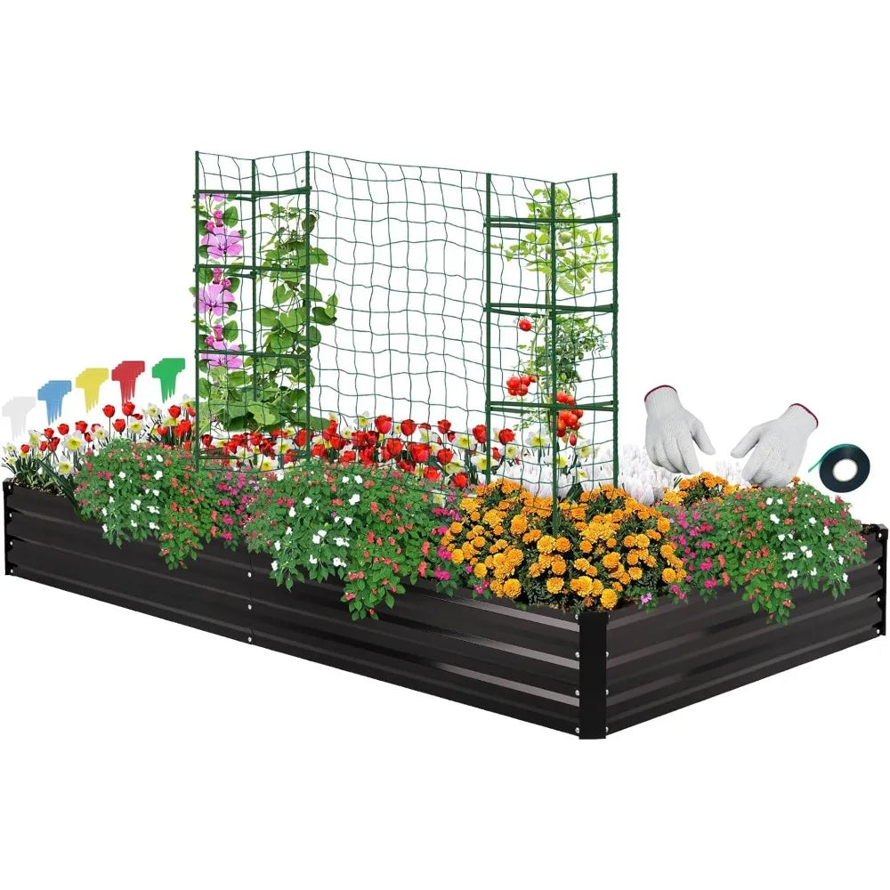 Galvanized Raised Garden Bed for Vegetables Flowers Herbs, Metal Raised Garden Bed Kit with 2 PCS Tomato Cage, Gloves, Trellis