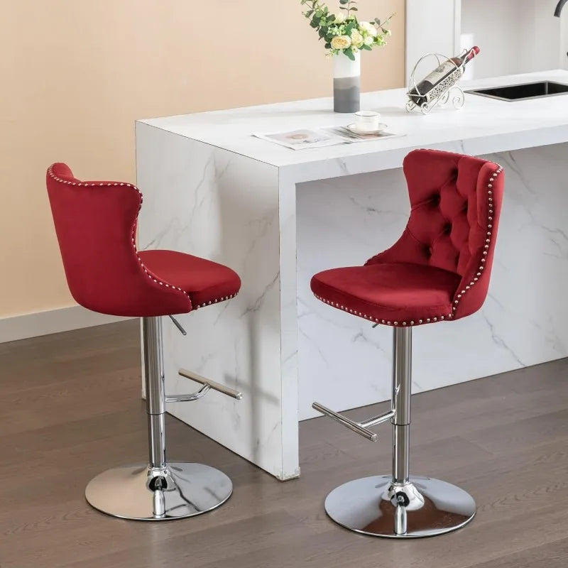 Swivel Bar Stools Set of 2, Adjustable Counter Height Barstools with Nailheads Trim, Button Tufted Back and Silver Footrest,