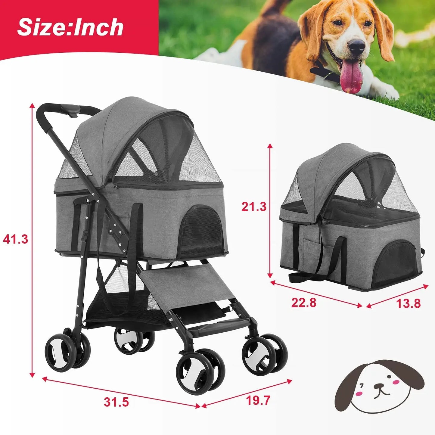 Premium 3-in-1 Multifunction Dog Cat Jogger Stroller for Medium Small Dogs Cats Folding Lightweight Travel