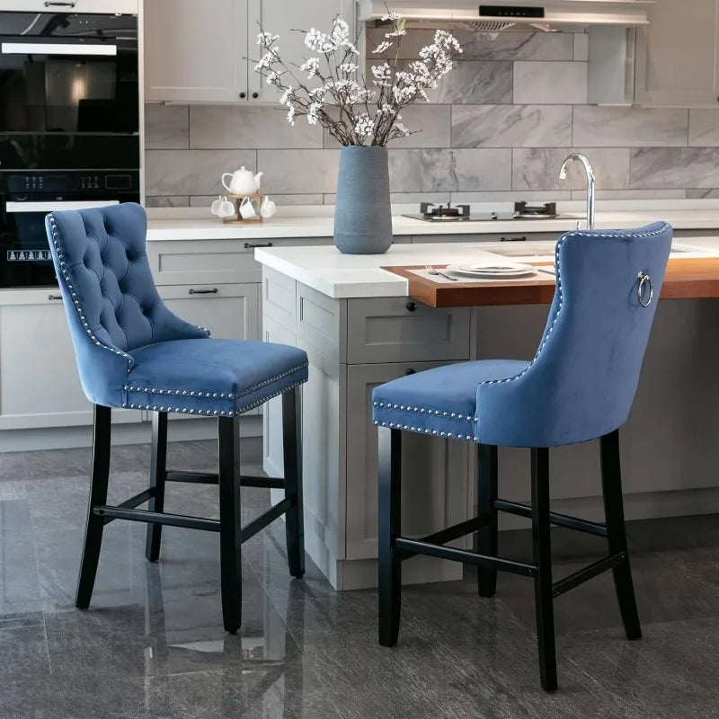 Bar Stools Set of 4 Counter Height, Velvet Upholstered Barstools with Solid Wood Legs, Button Tufted and Nailheads Trim