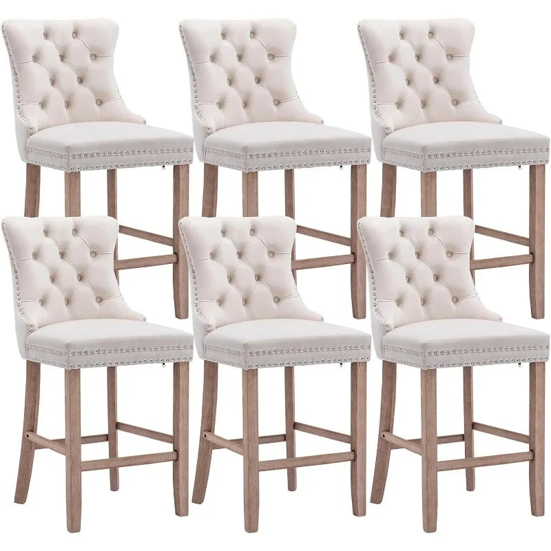 Bar Stools Set of 4 Counter Height, Velvet Upholstered Barstools with Solid Wood Legs, Button Tufted and Nailheads Trim