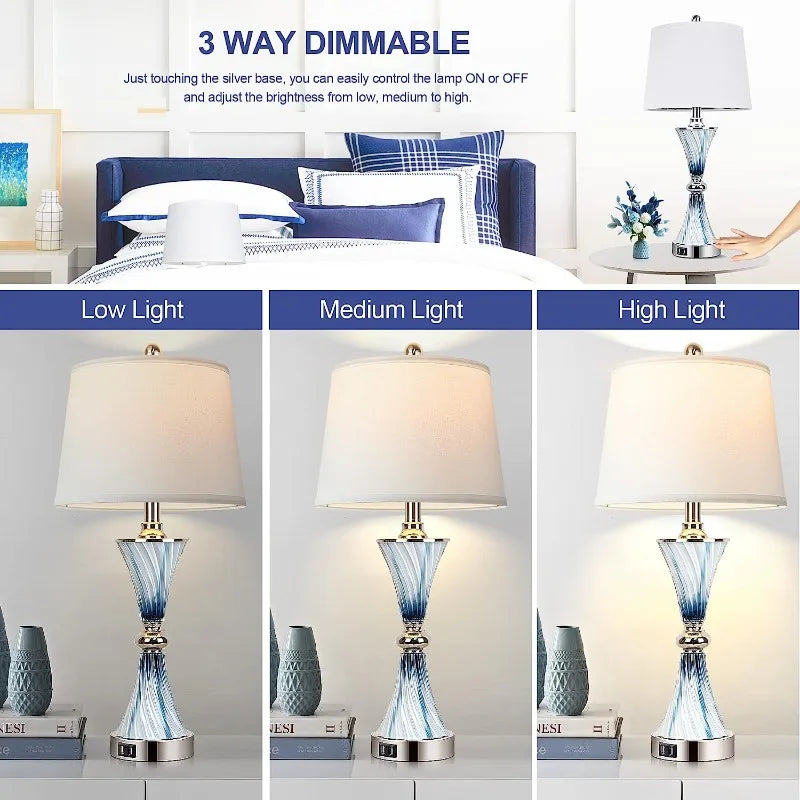 Set of 2 Blue Glass Table Lamps for Bedrooms with 2 USB ports 3-Way Dimmable with 2 LED Bulbs