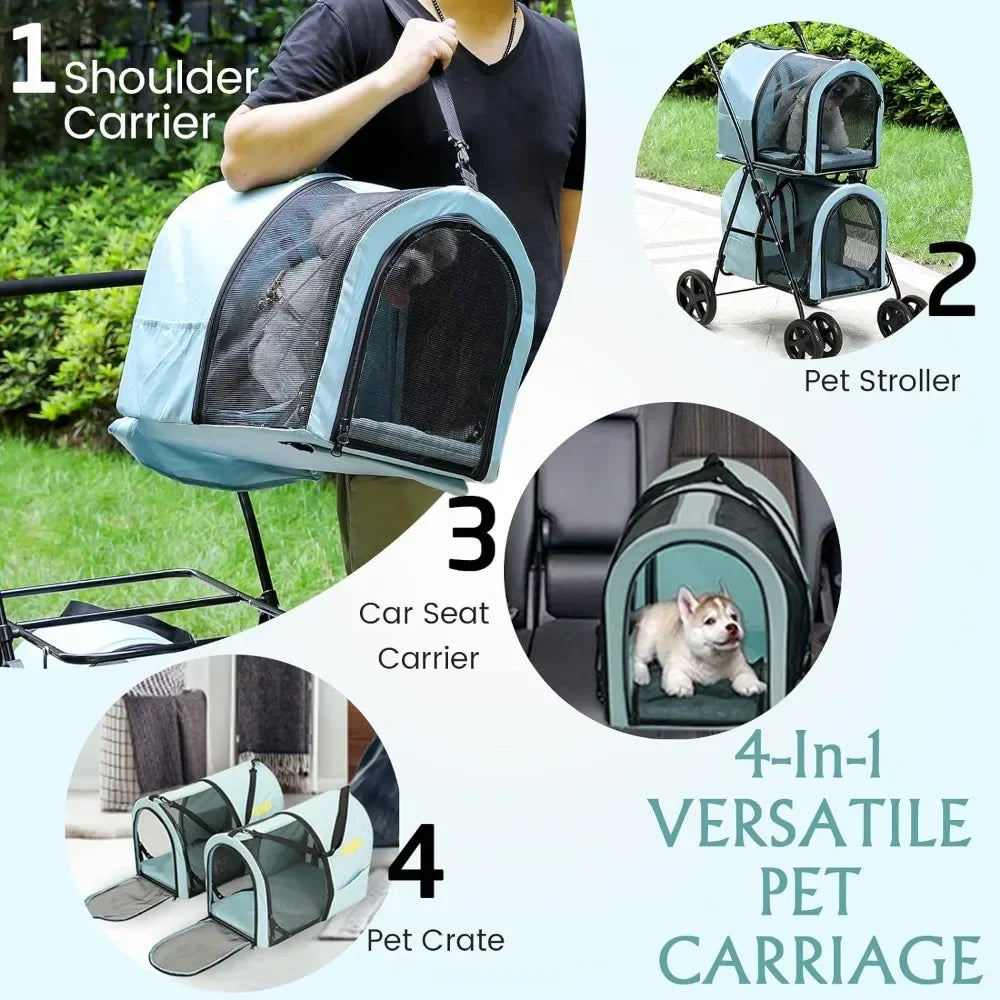 4-in-1 Double Pet Stroller for Dogs and Cats, 2 Detachable Carriers 4 Lockable Wheels Travel Cart, Collapsible