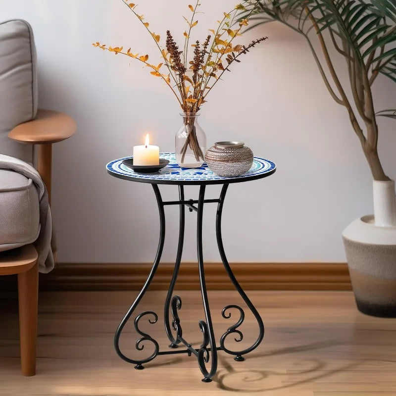 Round Side End Table, 16" Unique Relief Ceramic Tile Table Top with Metal Structure, Small Accent Coffee Tables