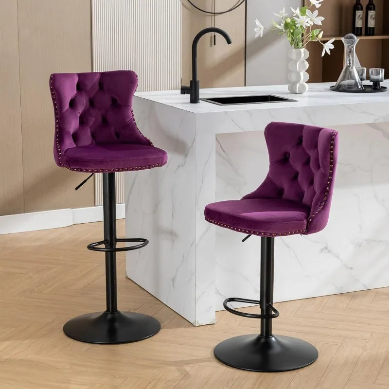 Swivel Bar Stools Set of 2, Adjustable Counter Height Barstools with Nailheads Trim, Button Tufted Back and Silver Footrest,