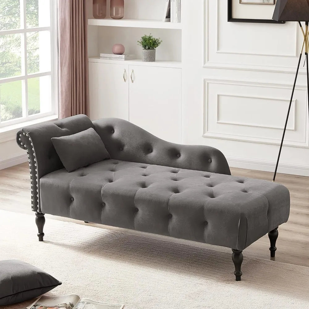 Tufted  Velvet Upholstered Rolled Arm Chaise Lounge; Right Arm Facing;  Nail head Trim and 1 Pillow