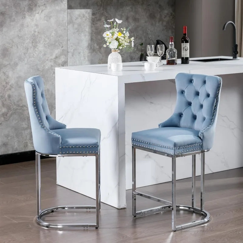 Bar Stools Set of 4 Counter Height, Velvet Upholstered Barstools with Solid Wood Legs, Button Tufted and Nailheads Trim