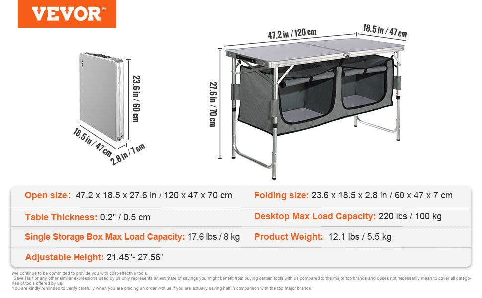 Folding Picnic Table /Kitchen Camping Cupboards/ Aluminum Suitcase Table W/ Storage Bag/ Adjustable Height for Outdoor Garden