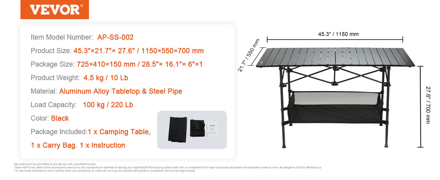 VEVOR 220/66lbs Outdoor Camping Folding Table /Picnic Equipment W/Black Storage Bag, Aluminum Alloy, Chicken Roll  BBQ Table