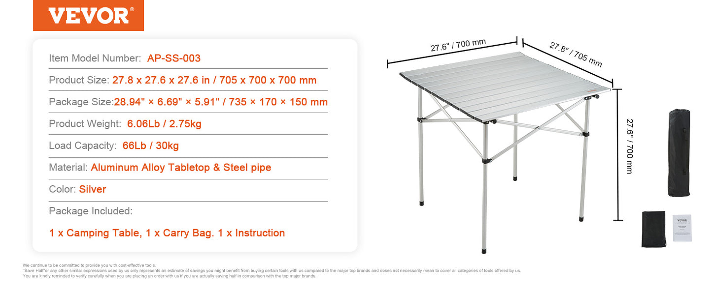 VEVOR 220/66lbs Outdoor Camping Folding Table /Picnic Equipment W/Black Storage Bag, Aluminum Alloy, Chicken Roll  BBQ Table