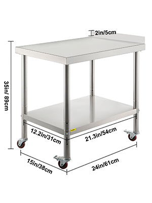 VEVOR Stainless Steel Heavy Duty Prep Table w/Backsplash, Adjustable Undershelf & 4Casters.